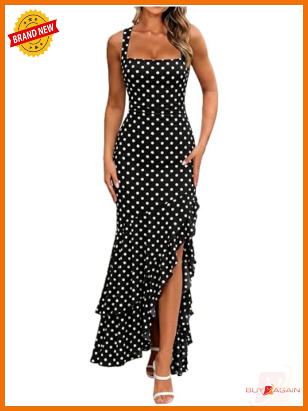 Sleeveless Square Neck Ruched Mermaid Maxi Dress Polka Dot High Slit